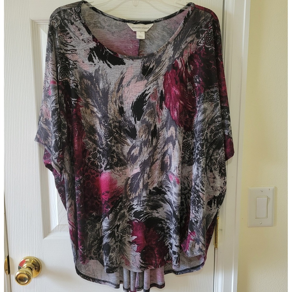 Womens XL Pink Black Abstract‎ Print Dolman Sleeve Knit Top Boho Retro Casual